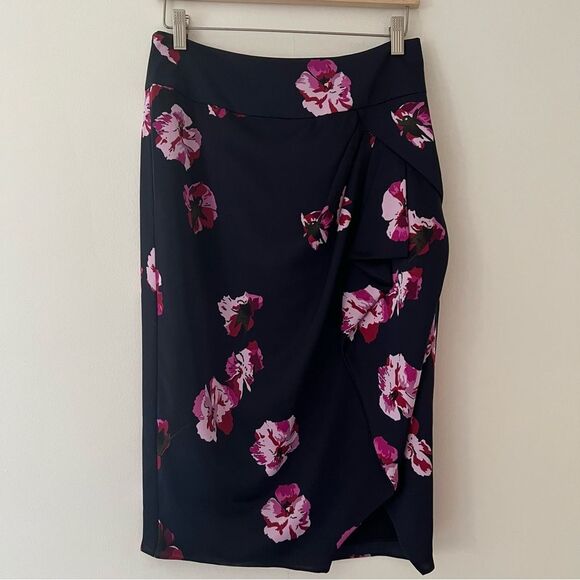 Joie Alphina Tulip Skirt Faux Wrap Drape Floral Knee Length Navy Size 4 Romantic - Picture 2 of 8